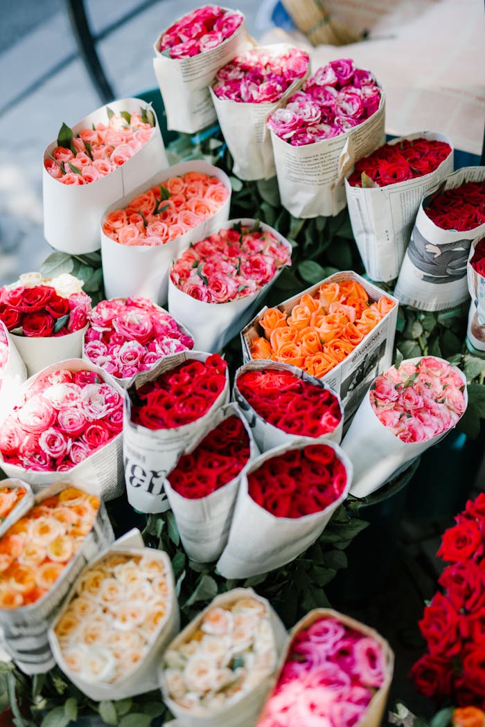 hero-gallery-04 From above set of various colorful bouquets of roses wrapped in paper in florist shop